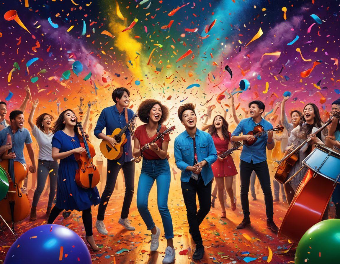 A vibrant scene showcasing a group of diverse people joyfully engaging with Mino Entertainment, surrounded by colorful musical instruments, laughter, and animated characters. Bright smiles and playful expressions highlight their excitement, with confetti swirling in the air and a backdrop of vivid abstract art that represents creativity and fun. super-realistic. vibrant colors. energetic atmosphere.