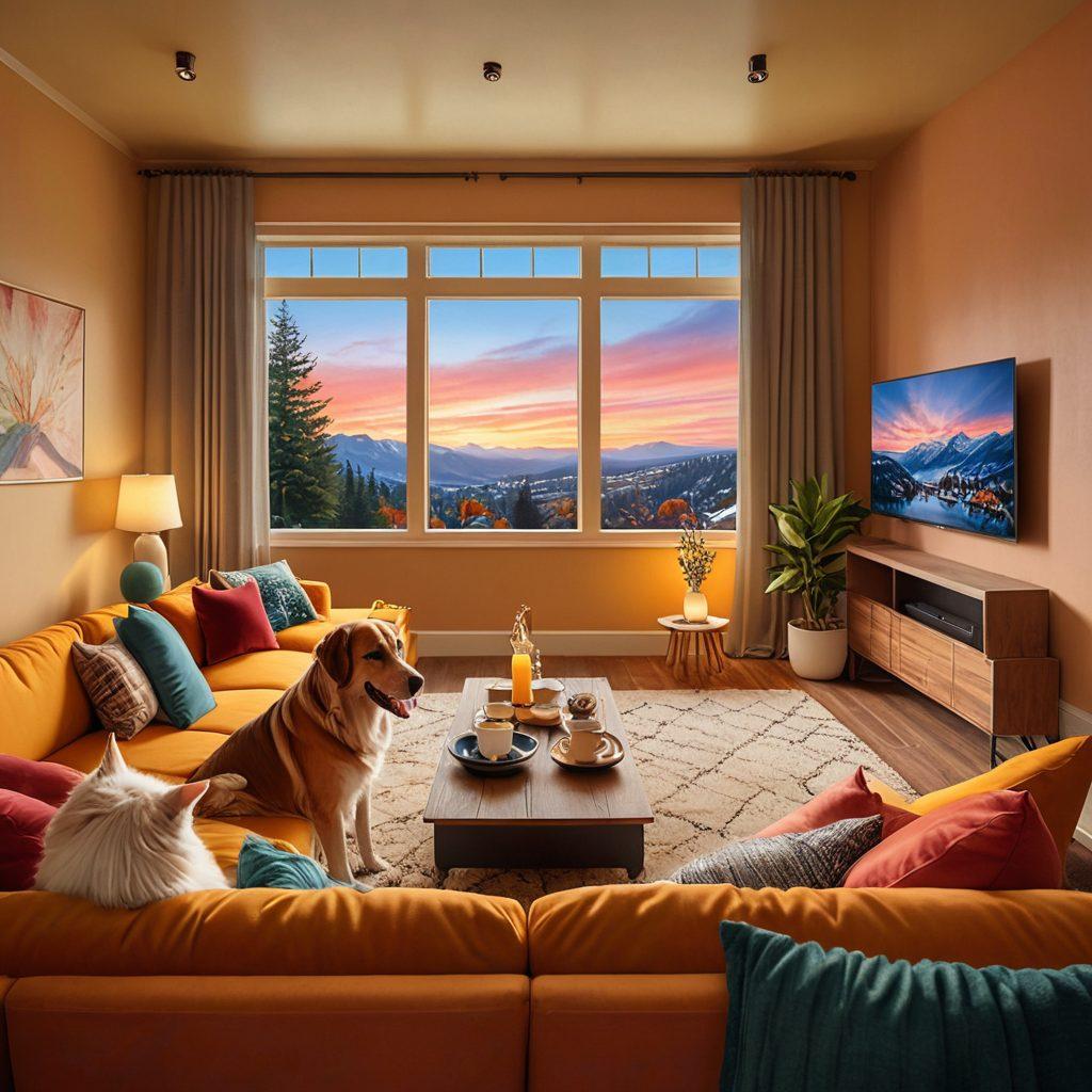 A vibrant scene showcasing a cozy living room with a large TV displaying a colorful Mino Streaming interface, surrounded by family members joyfully watching. Soft glowing lights and a bowl of popcorn add to the warm atmosphere. Include cozy couches and playful pets for a delightful touch. super-realistic. vibrant colors. warm tones.
