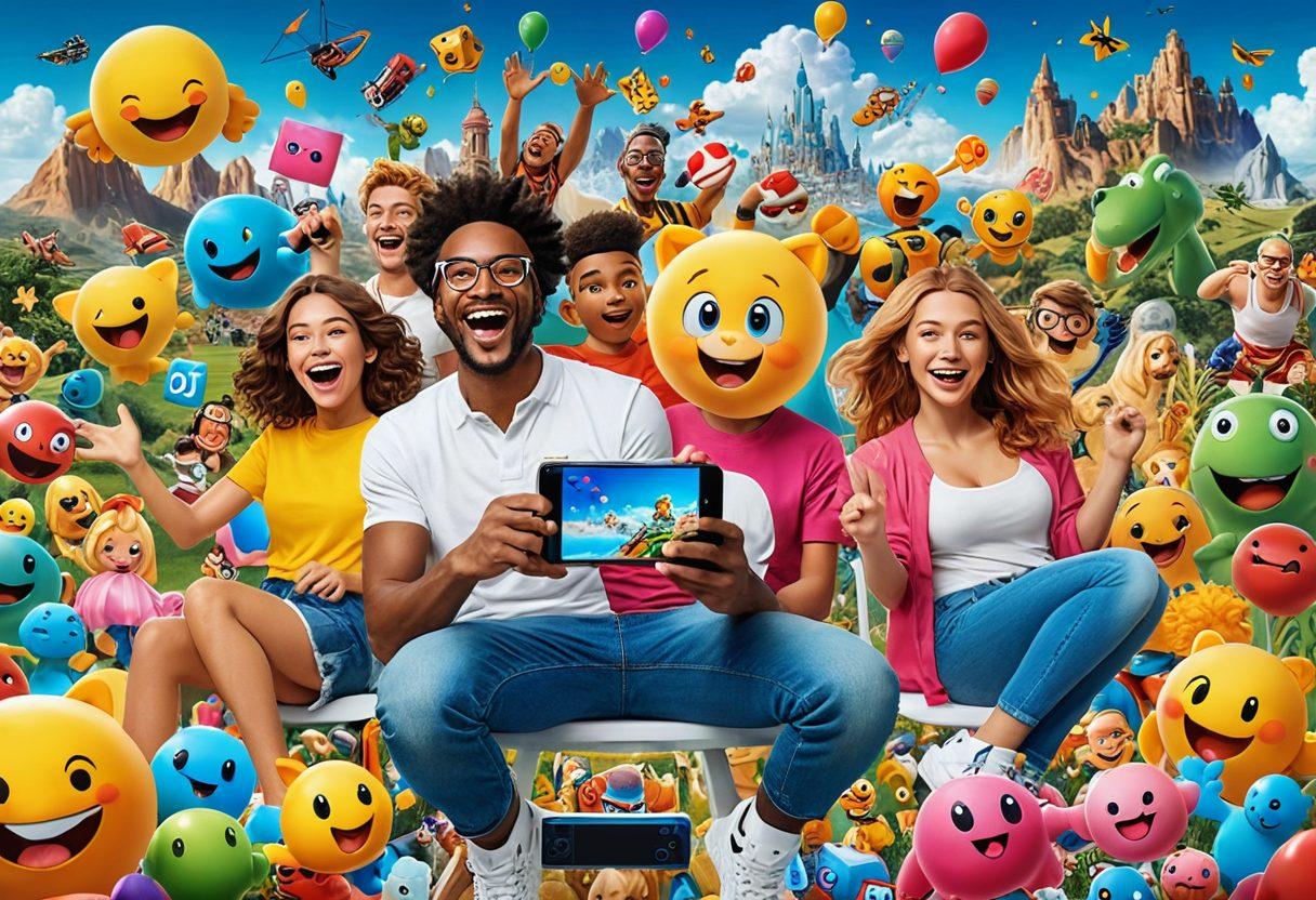 A vibrant and playful collage that showcases various forms of digital entertainment, including animated characters, colorful gaming environments, and smartphones with lively graphics, all blending together to represent the joy of screen time. Include elements like laughter, fun emojis, and playful icons that symbolize engagement and amusement. The background should be bright and engaging to capture the essence of 'fun'. super-realistic. vibrant colors. white background.